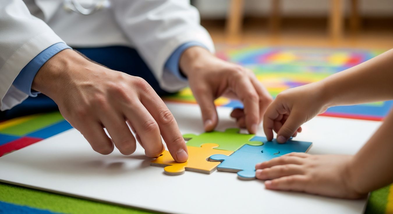 Junge Frau löst Konzentrationsübungen mit Karten unter Anleitung eines Therapeuten.