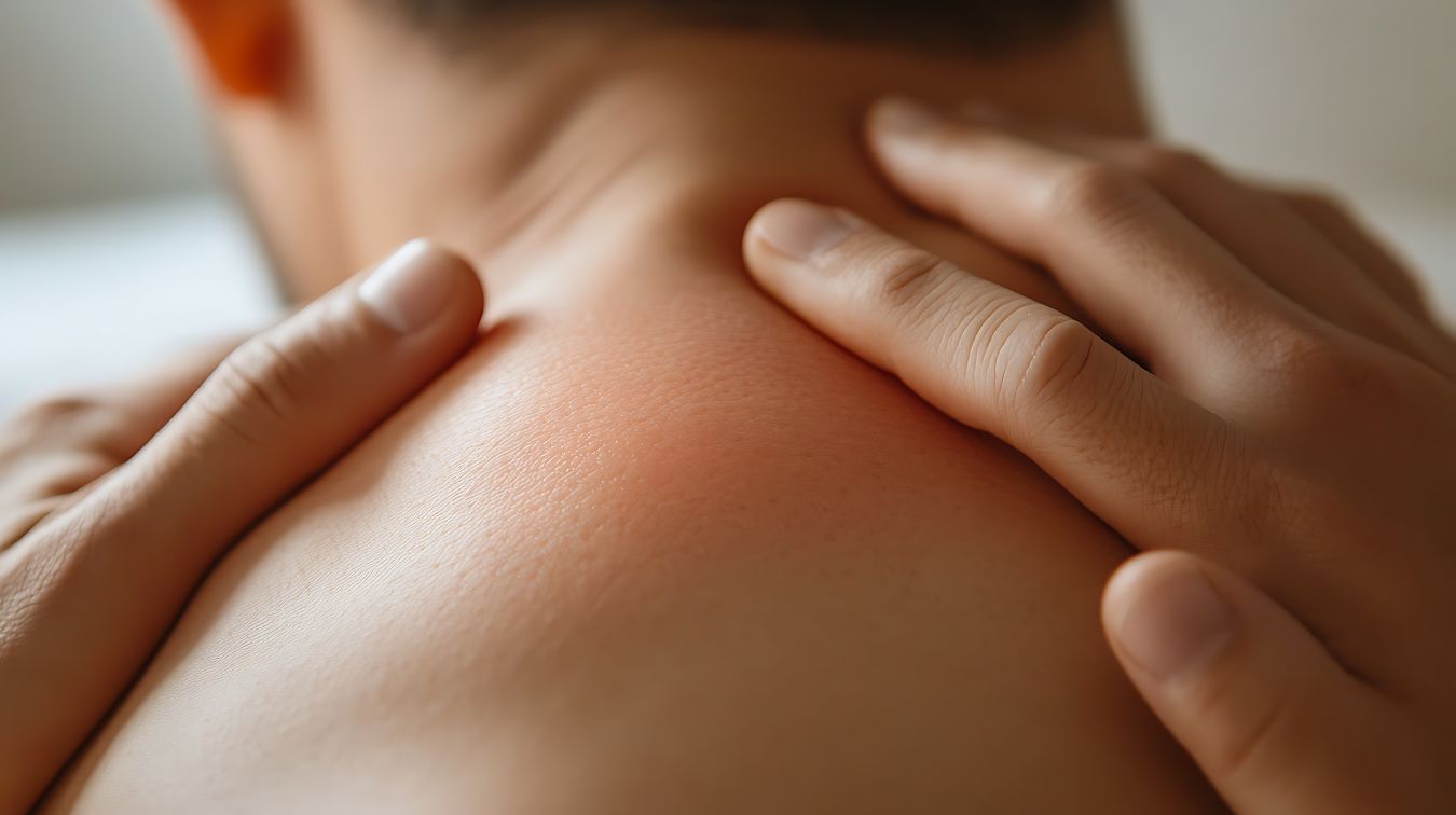 Therapeut drückt gezielt auf einen Schmerzpunkt in der Schulter eines Patienten.